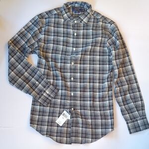 Men's Polo Ralph Lauren Gray and White Plaid Shirt, Size M/M Slim, 100% Cotton